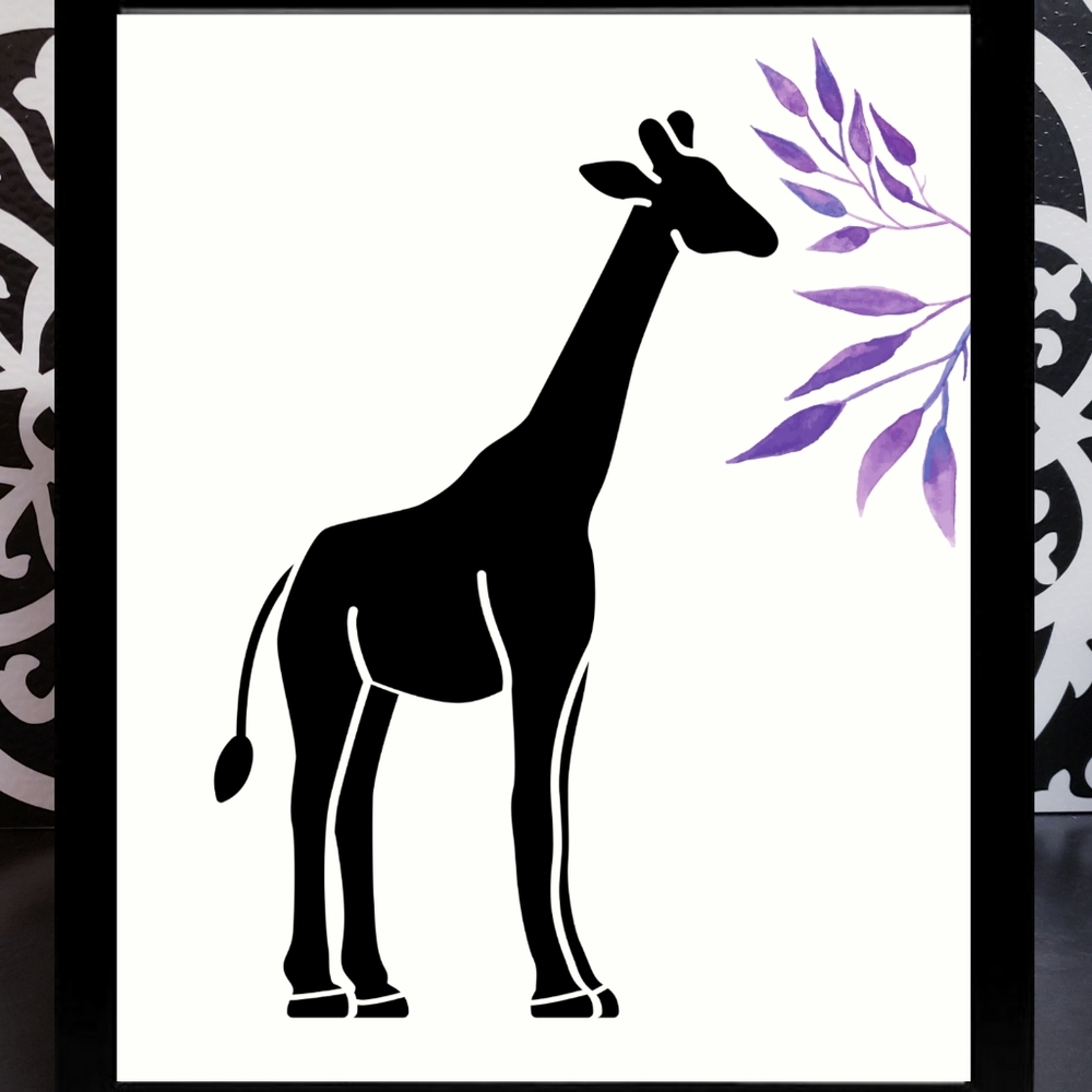 8x10 framed Giraffe Silhouette Watercolor Tree